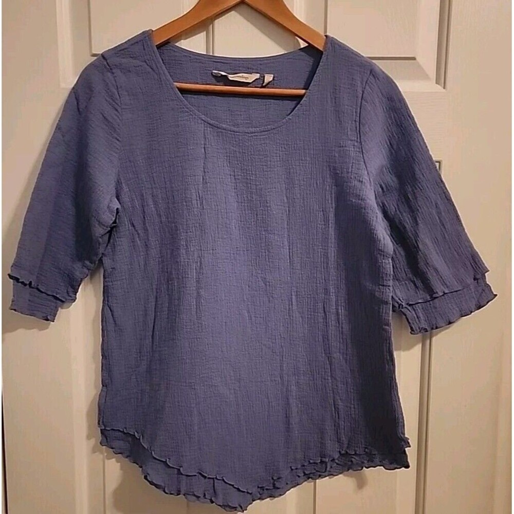 Soft Surroundings Top Blue XS Lightweight Crepe Breathable Short Sleeve Blouse
